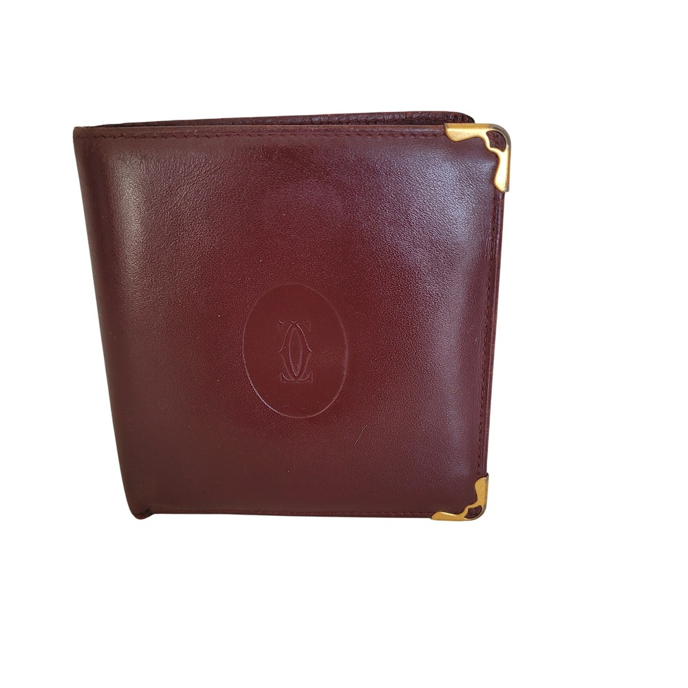 Cartier Must de Cartier Burgundy Leather Bifold Wallet Gold Corners Italy Vintag